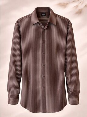 Hugo Boss Fitted XL Brown & Gray Striped Button Down All Cotton Romanian Shirt